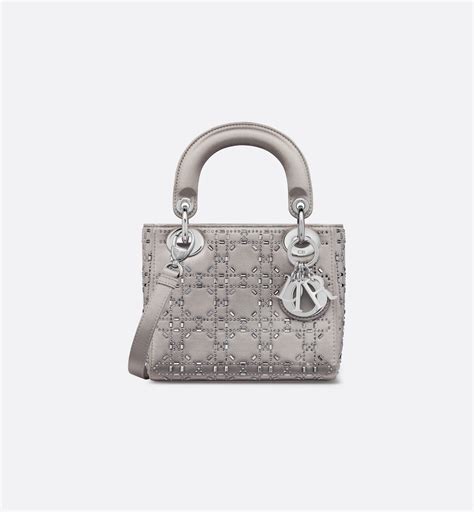 Sac Lady Dior Mini Satin Cannage strassé gris 